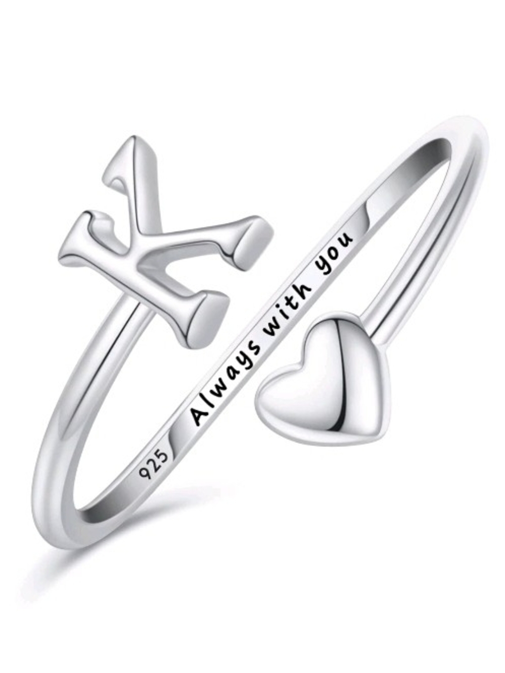 Sterling Silver Heart and Letter K Adjustable Ring - Always With You